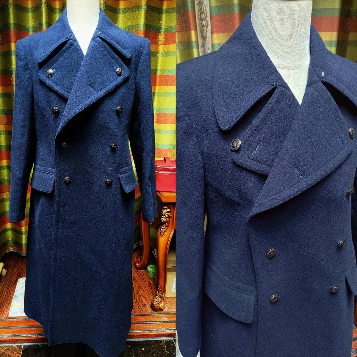 Classic Blue Men Suits Thick Wool Custom Made Double Breasted Tuxedos Peaked Lapel Blazer Back Vent Business High Quality Popular Cheap Price Long Coa