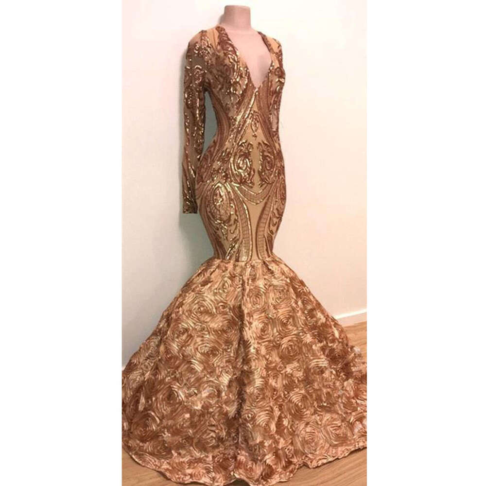 Long Sleeves Gold Evening Dress For Women Appliques Sparkly Sequined Mermaid Flare Flowers Sexy Deep V Neck Prom Gown Vestidos