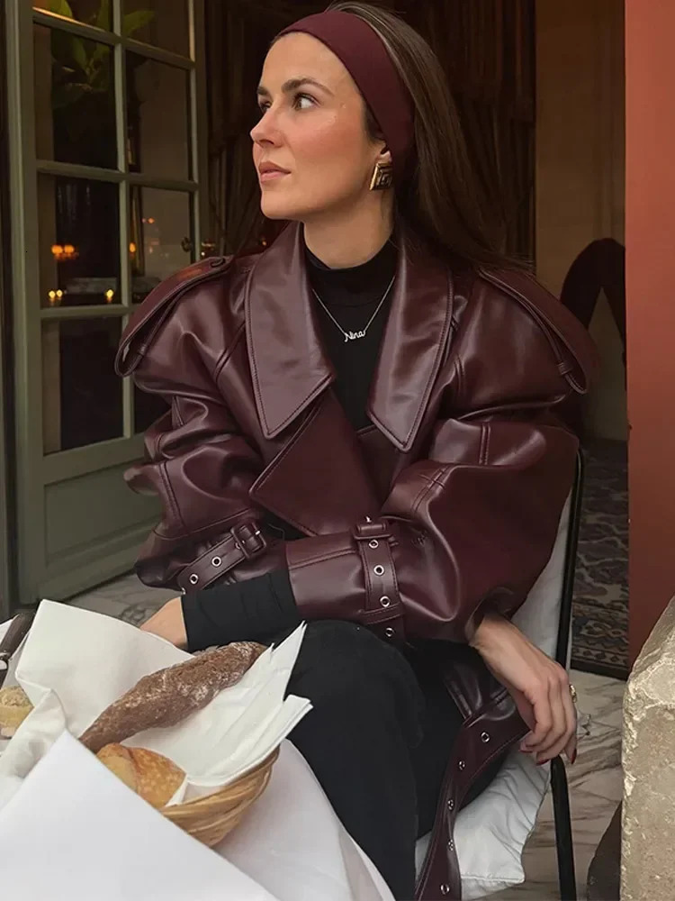 Women Lapel Long Sleeved Short Leather Jacket Cool Girl Slim Chery Red Cropped Coat Fashion Lady Street Party Outwears 240715