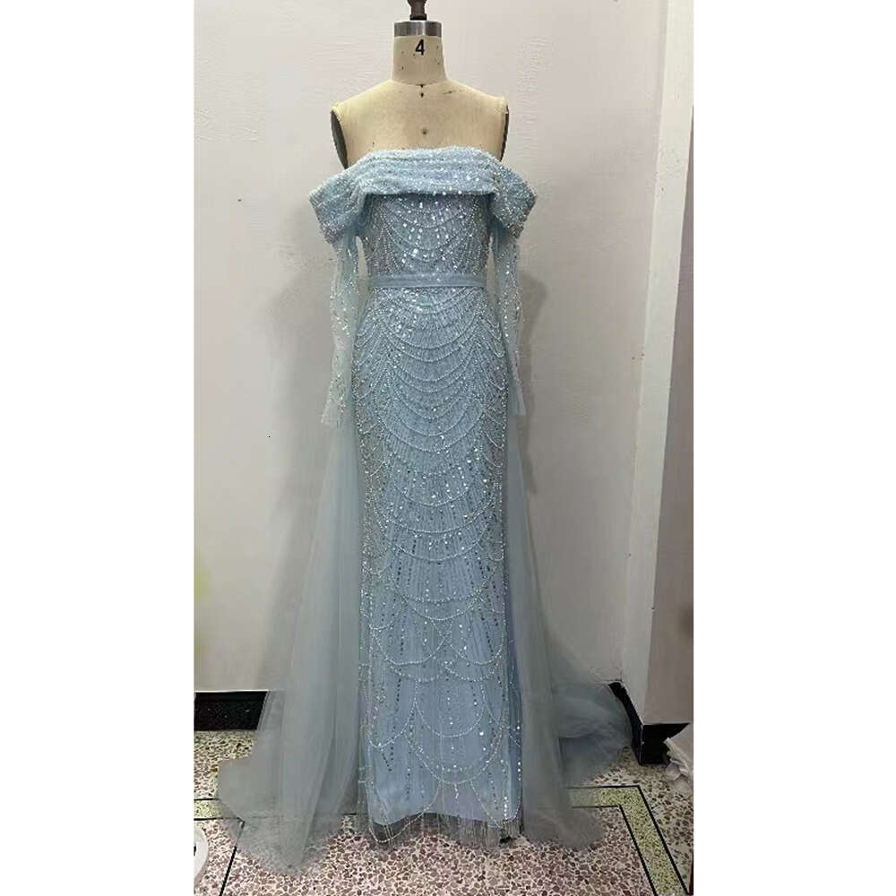 Gorgeous Blue Sequined Evening Dresses For Women Mermaid Dubai Boat Neck Beaded Arabic Vestidos Formal Party Gowns