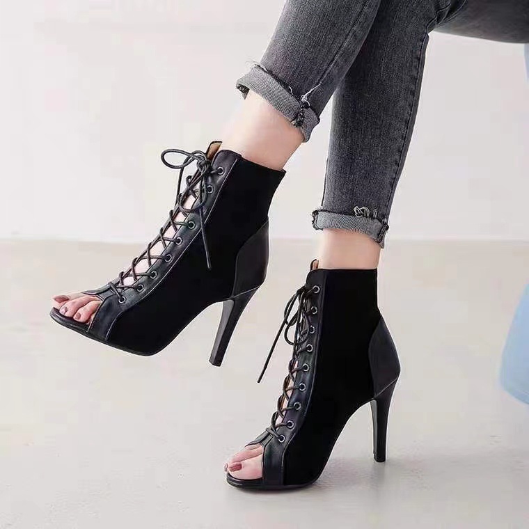 Sandals Heels Lace-Up 9CM Women's Shoes Summer 2022 Trend Black Sexy Peep Toe Boots Fashion Cloth Stilettos Jazz Dance Female