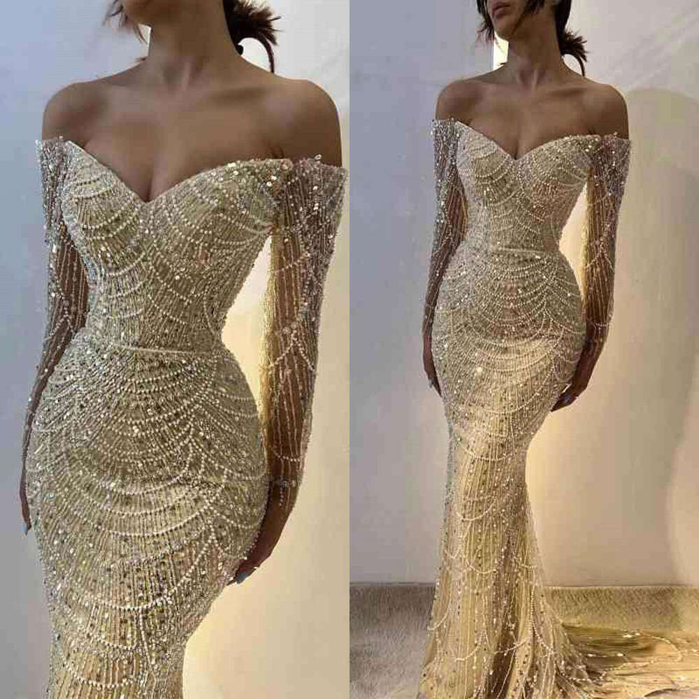 White Strapless Mermaid Evening Dresses Sequined Beaded Elegant Pearl Sexy Long Formal Prom Party Gowns Vestido De Fiesta
