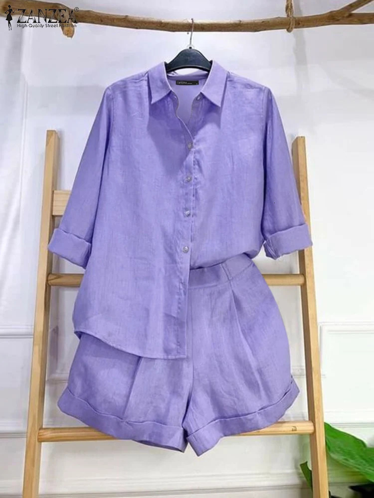 ZANZEA Womens Casual 2PCS Long Sleeve Shirt Set Retro Elastic Waist Short Clothes 2-piece Set 2024 Summer Korean Solid Set 240715