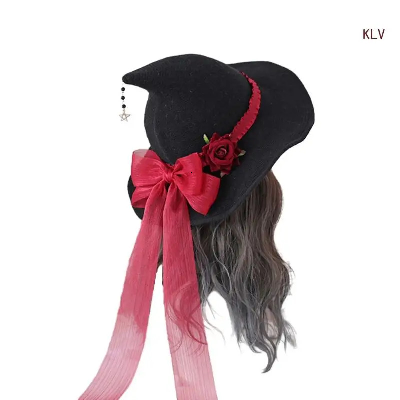 Halloween Witch Cap Wizard Hat Punk Bowknot Rose Hat Costume Headwear Lady Festival Headdress 240712