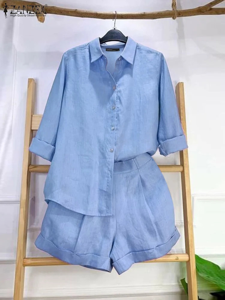 ZANZEA Womens Casual 2PCS Long Sleeve Shirt Set Retro Elastic Waist Short Clothes 2-piece Set 2024 Summer Korean Solid Set 240715