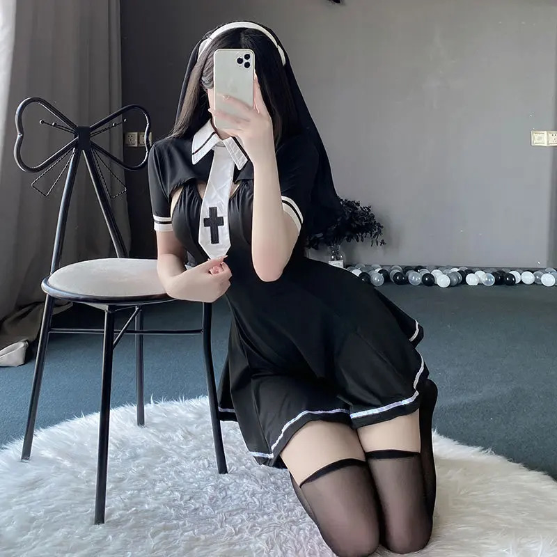 Sexy Lingerie Nun Cosplay Costumes Black Priest Outfit Halter Backless Temptation Dress Anime Adult Games Maid Flirt Sex Uniform 240717
