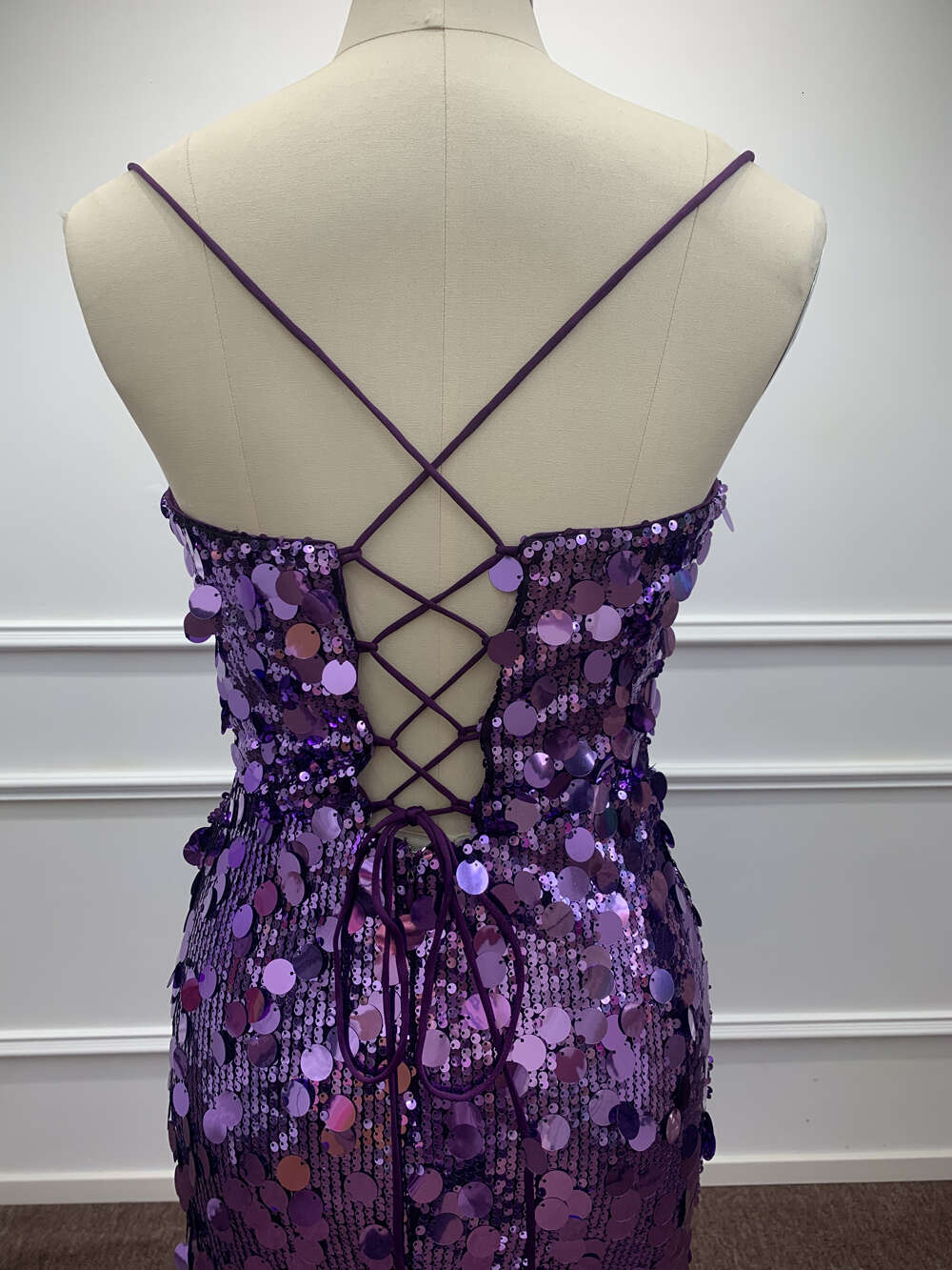 Sparkly Purple Sequined Evening Dresses Sexy V Neck High Slit Mermaid Spaghetti Straps Backless Prom Gowns Formal Party Vestidos