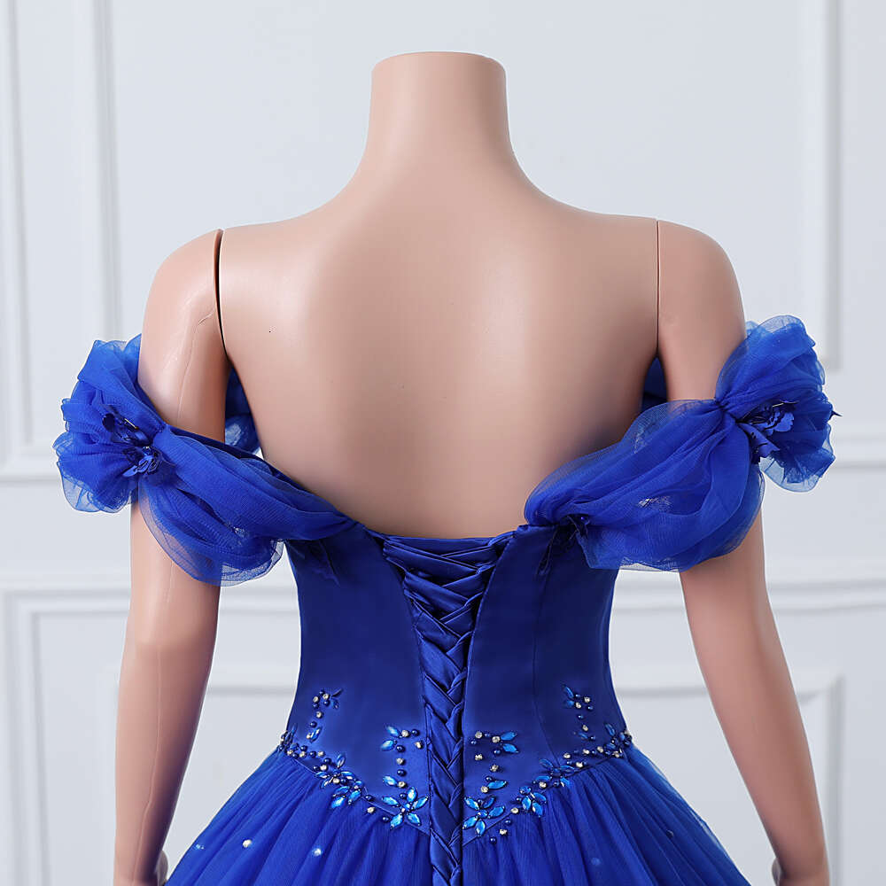 Crystal Beaded Evening Dresses Royal Blue Tulle Appliques Off Shoulder Formal Party Prom Ball Gown Lace Up Robe De Soiree