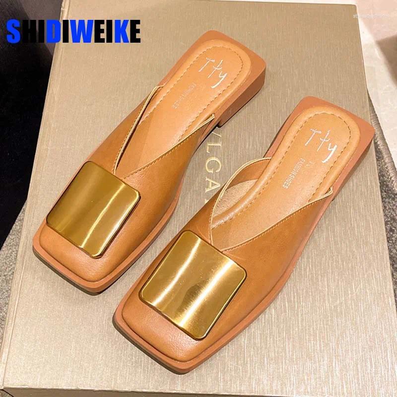 Slippers Brand Designer Women Fashion Metal Buckle Mules Flat Heels Square Toe Shallow Shoes Outdoor Slide Female Casual Sandal