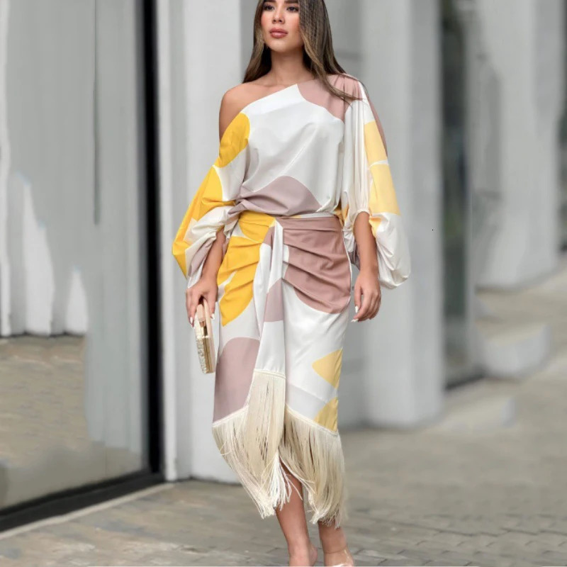 Spring Summer Womens Dress Suits Fashion Sexy One Shoulder Lantern Sleeve Top and Tassels Skirts Female Casual Twopiece 240712