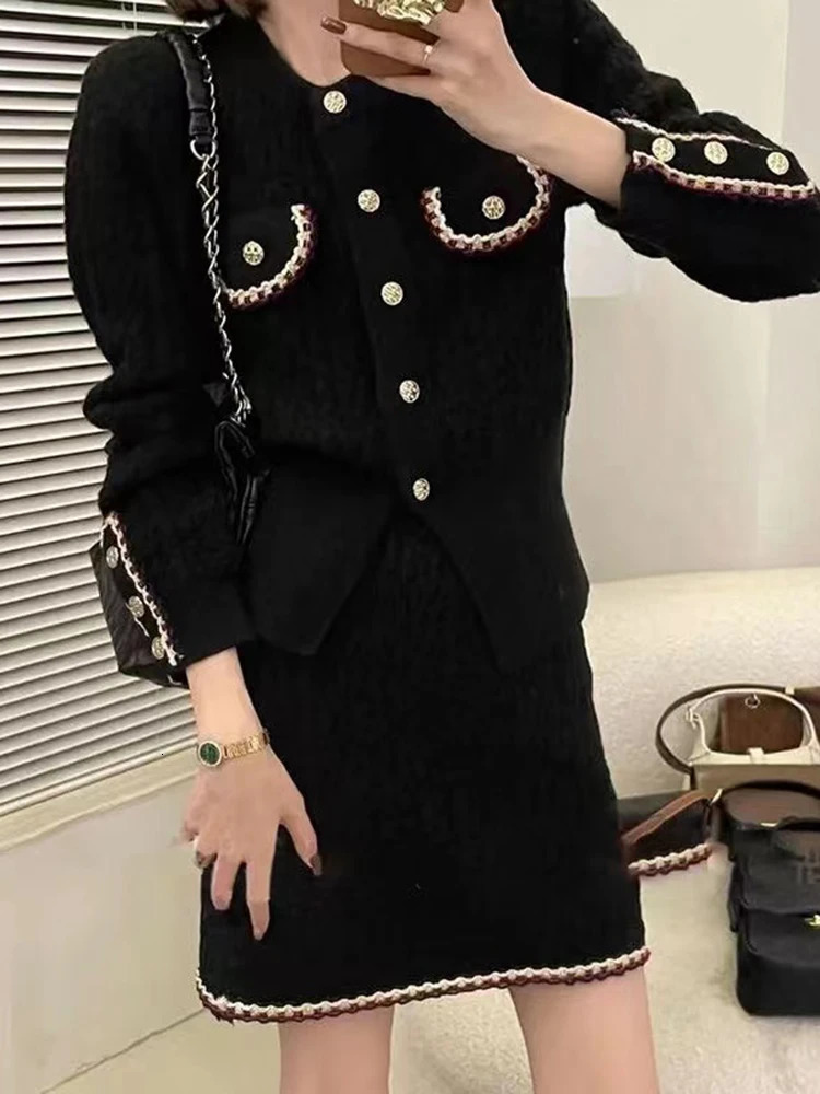 Autumn Winter Knitted Two Piece Sets Womens Office Lady Long Sleeve Cardigan Sweater High Waist Skirt Suit 240712