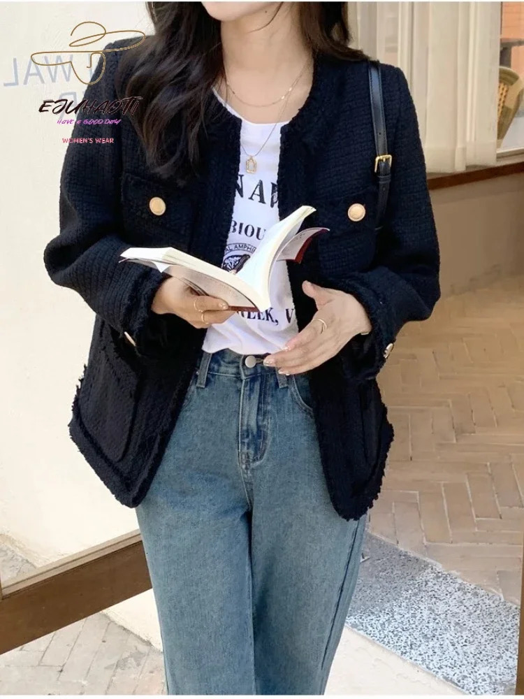 Womens Jacket Small Fragrance Coat In Autumn Winter Korean Fashion O-Neck Tweed Vintage Outerwear Loose All-match Tops 240712