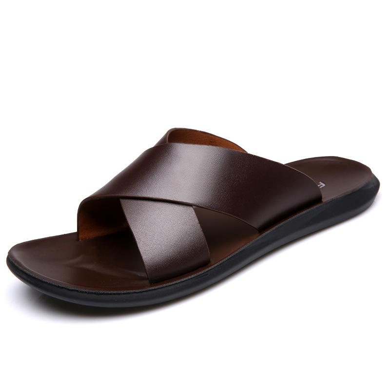 Leather Slippers For Men New Hotel Beach Summer Shoes High Quality Big Size Slip On Light Flats Male Flip Flops 2023