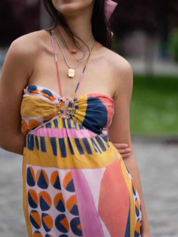 Summer Printed Halter Long Dress Women Sleeveless Backless Lace Up Empire Female Dresses 2024 Holiday Lady Fashion Robes 240716