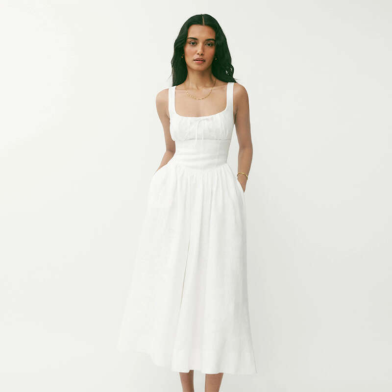 Summer New Collection Linen White Square Neck Pure Desire Style Fake Wind Medium Length French Dress Temperament Oversize Dress Silk Dress