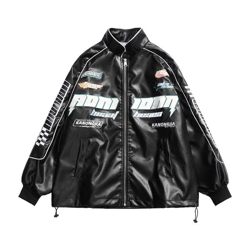 American Letter Embroidered Motorcycle Zippered Jacket Mens Spring and Autumn High Street Hip-hop Loose PU Leather Racing Coat 240716
