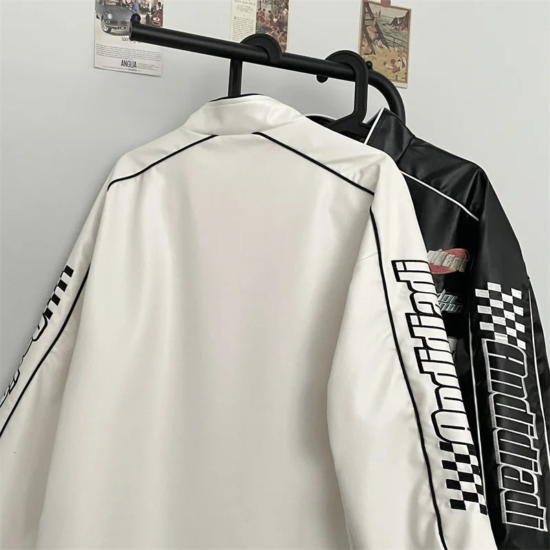 American Letter Embroidered Motorcycle Zippered Jacket Mens Spring and Autumn High Street Hip-hop Loose PU Leather Racing Coat 240716