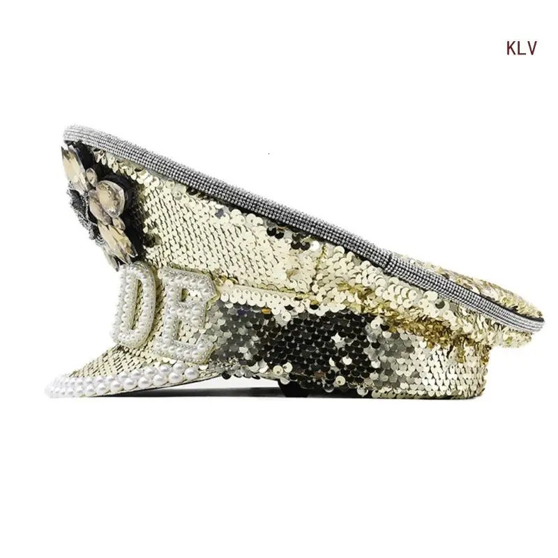 Hand Beaded Sequins Captain Hat Shimmering Crystal Hat for Bride Wedding Props Encrusted Layers Pearls Bride Costume 6XDA 240712