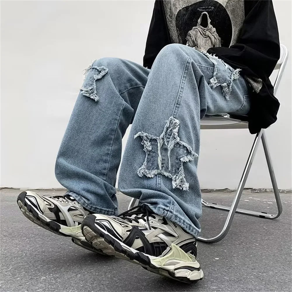 Fashion Stars Towel Embroidery Brown Men Jeans Pants Y2K Clothes Straight Hip Hop Cotton Trousers Pantalon Homme 240716