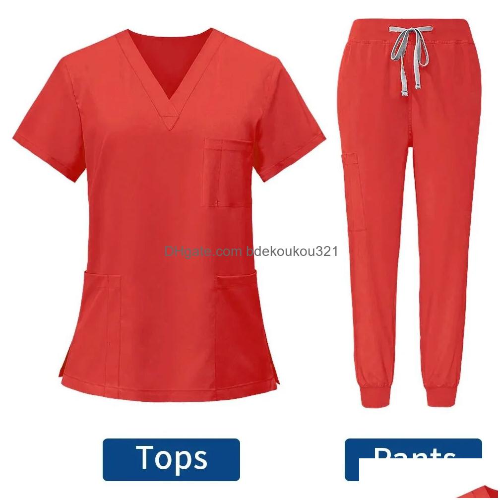 Women'S Two Piece Pants Anti Wrinkle Washable Soft Fabric Nurse Scrubs Hospital Uniform Women Jogger Sets Pair 240418 Drop Delivery A Dh90U