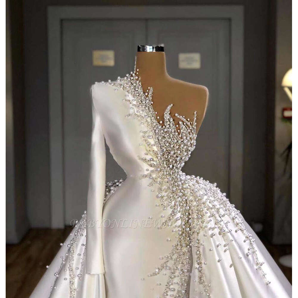 Pearls Crystal Wedding Dresses For Women One Shoulder Elegant Beaded Bridal Gown Formal Ocn Evening Vestido De Novia