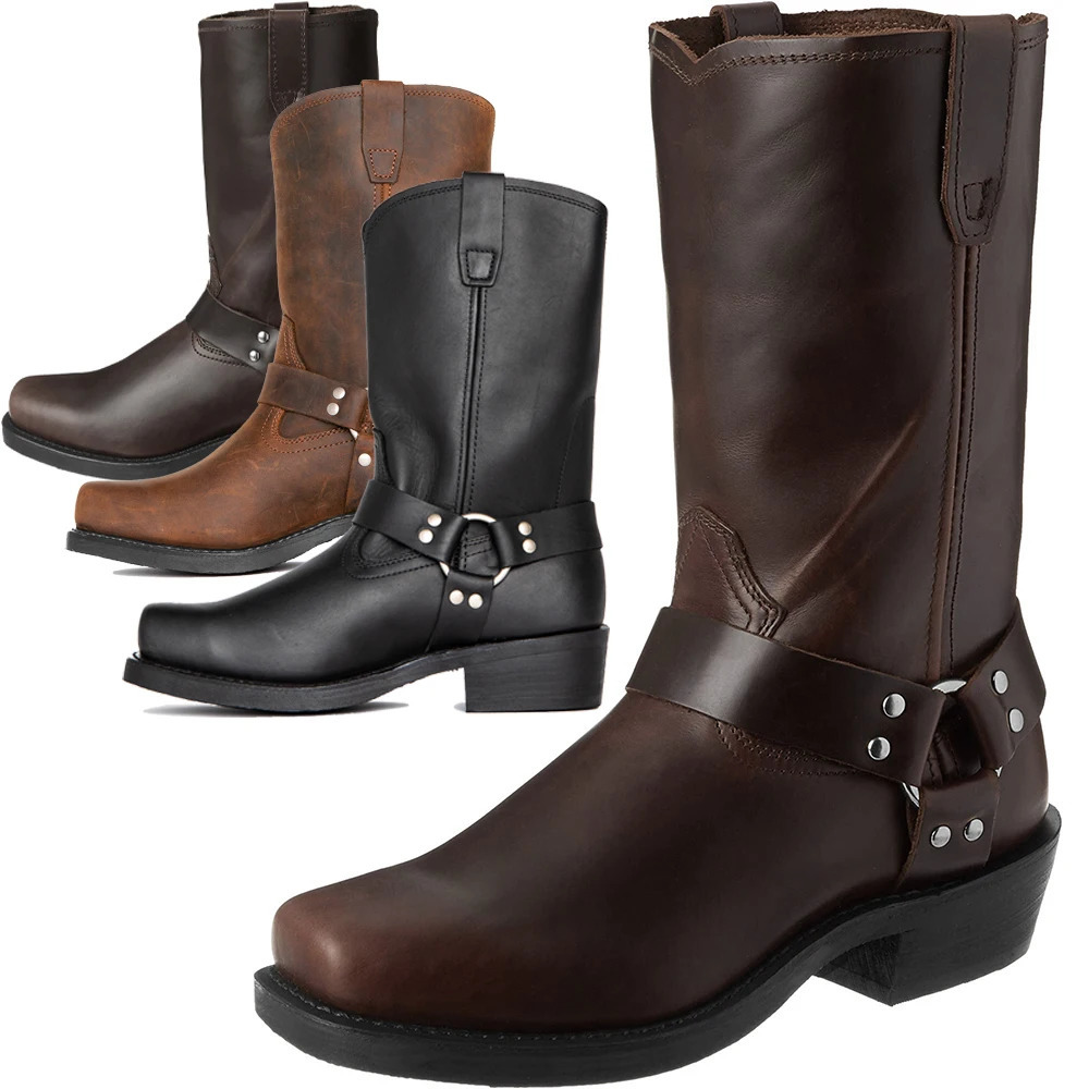 Men Cowboy Western Fashion Med Heel Shoes 4.5CM Heighten Casual Mid Calf Tall Faux Leather Square Toe Boots 240717 4
