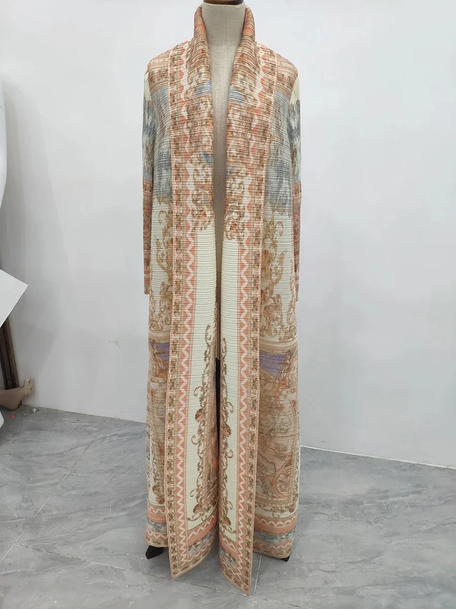 Miyake Pleated Vintage Printed Turndown Collar Long Sleeve Dress Women Dubai Style Plus Size Coats 240712