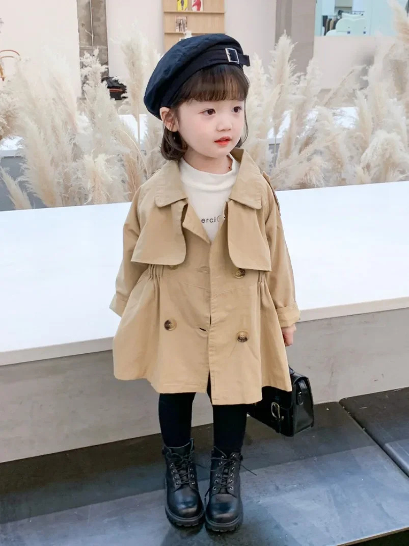 Spring Autumn Cotton Girl Toddler Trench kids Windbreaker Fashion Little Girl Double Breasted Jacket Outfits England Style 240711