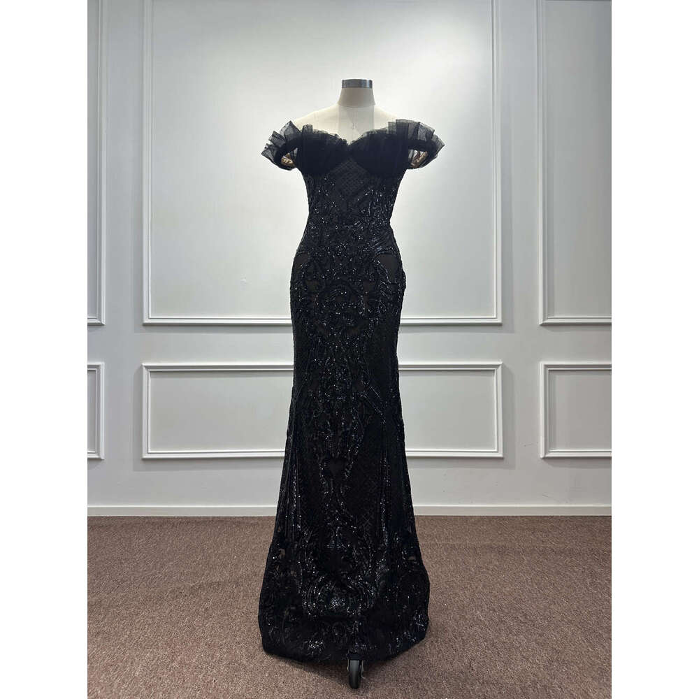 Black Tulle Sequined Evening Dresses Off The Shoulder Mermaid Pleat Arabic Formal Party Prom Gowns Vestidos De Fiesta