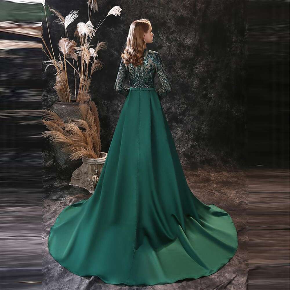 Red Sequined Evening Dresses Mermaid Long Sleeve Beading Detachable Satin Train Celebrity Formal Party Prom Gowns Vestido