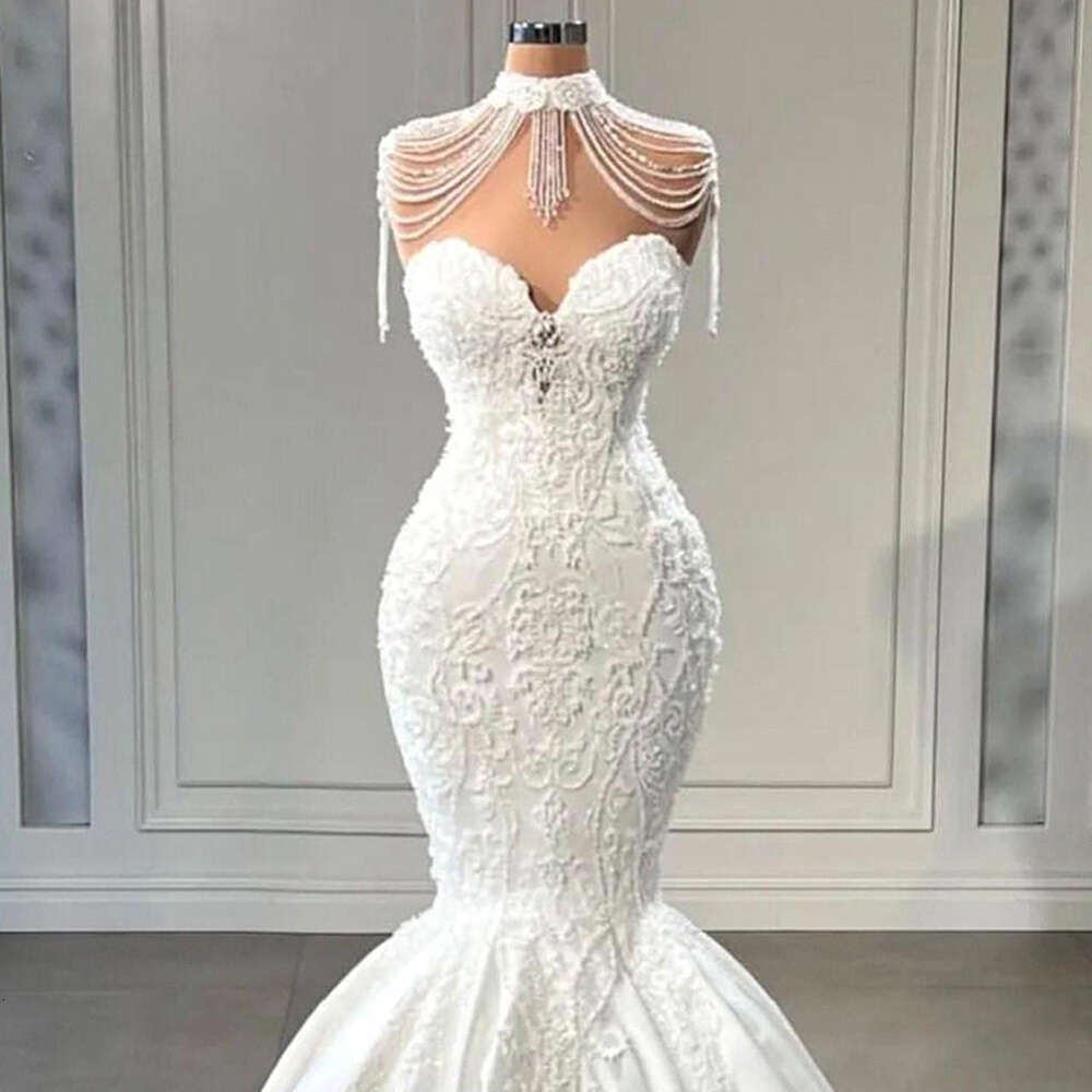 Mermaid Wedding Dresses High Neck Lace Up Corset Beading Sweep Train Satin Appliques Plus Size Bridal Gowns Vestidos De Novia
