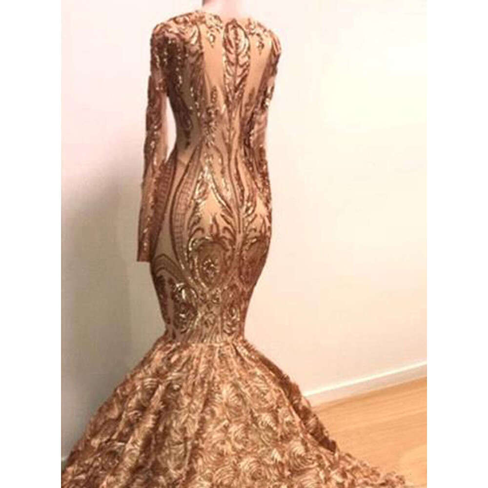 Long Sleeves Gold Evening Dress For Women Appliques Sparkly Sequined Mermaid Flare Flowers Sexy Deep V Neck Prom Gown Vestidos