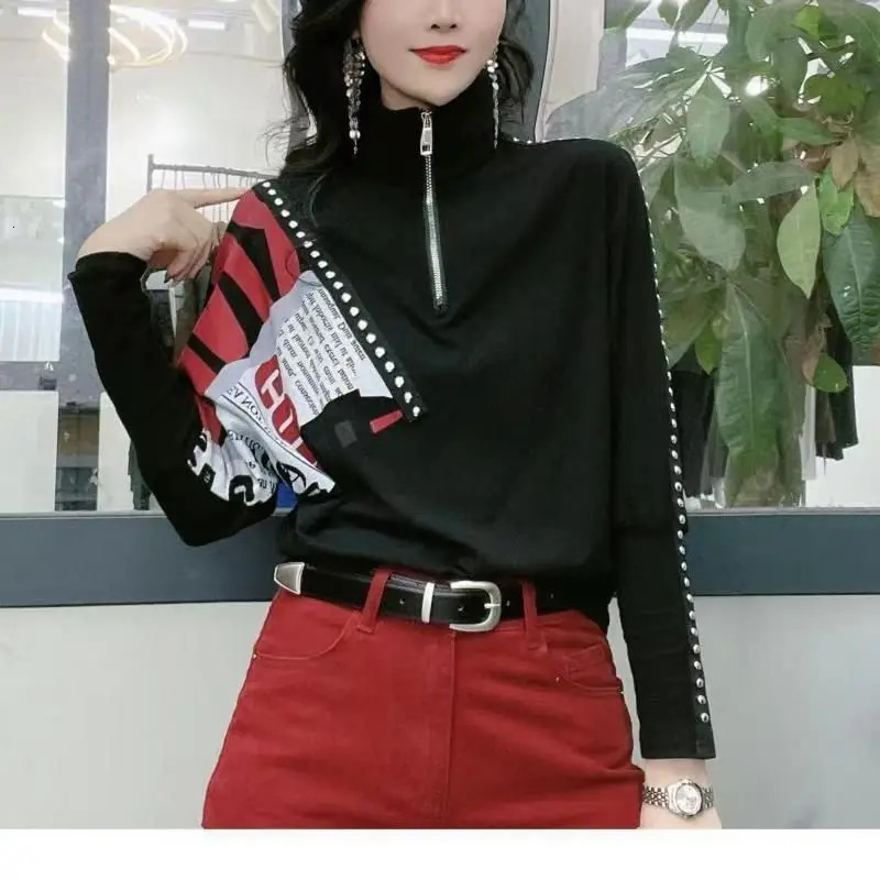Stand Neck Zipper Hoodie Womens Spring Autumn Fashion Letter Printed Korean Versatile Long Sleeve Rivet Loose Pullover Tops 240713