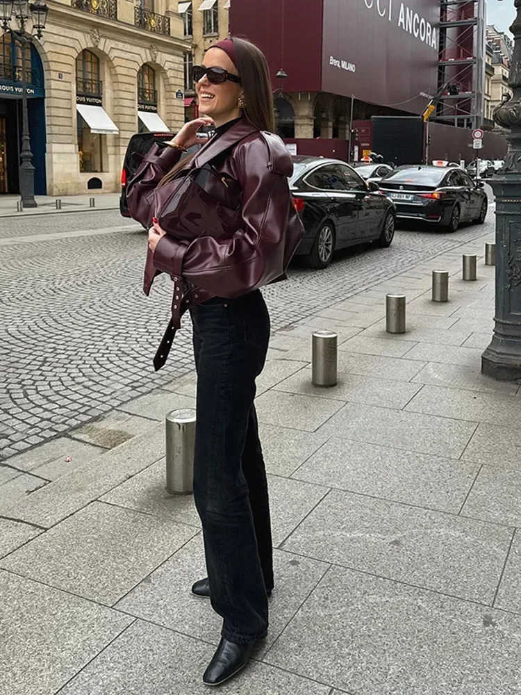 Women Lapel Long Sleeved Short Leather Jacket Cool Girl Slim Chery Red Cropped Coat Fashion Lady Street Party Outwears 240715