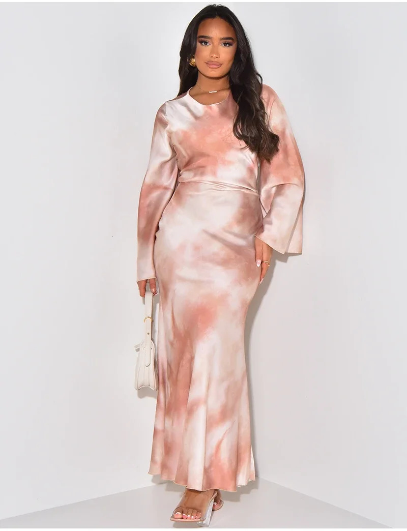 Elegant Satin Printed Bandage Maxi Party Dress Women Vintage O Neck Flare Sleeve Wedding Evening Birthday Long Printing Dress 240715