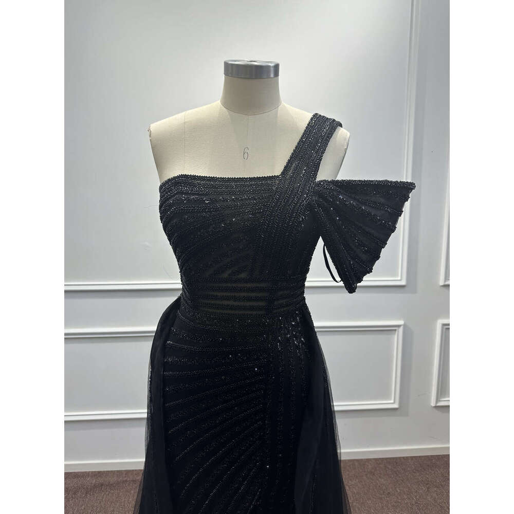 Mermaid Black Sequined Beading Evening Dresses One Shoulder High Split Arabic Formal Party Prom Gowns Vestidos De Fiesta