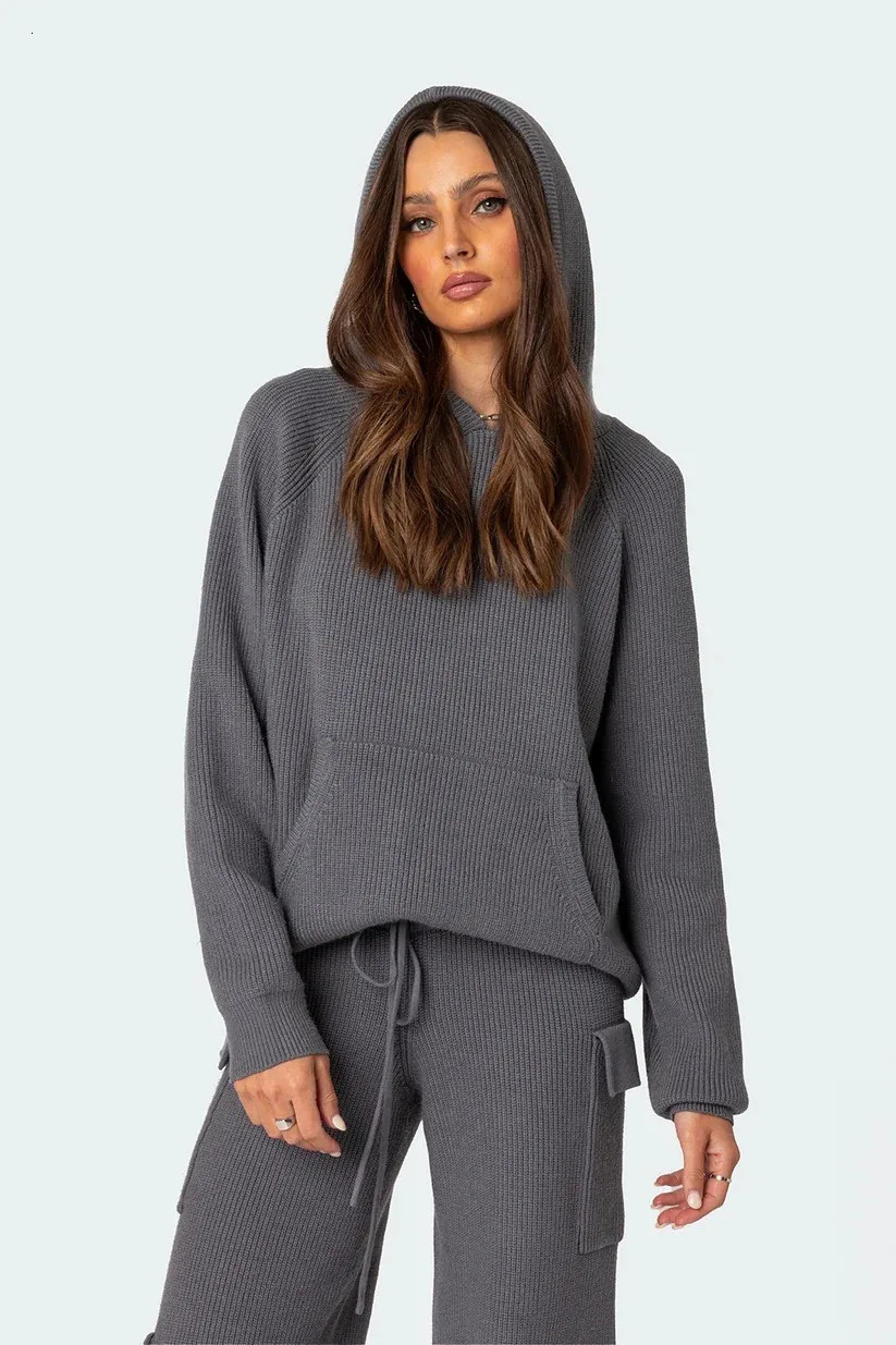 Ladies Hoodie Two Piece Knitted Pure Color Women Sweater Set pant set 240708