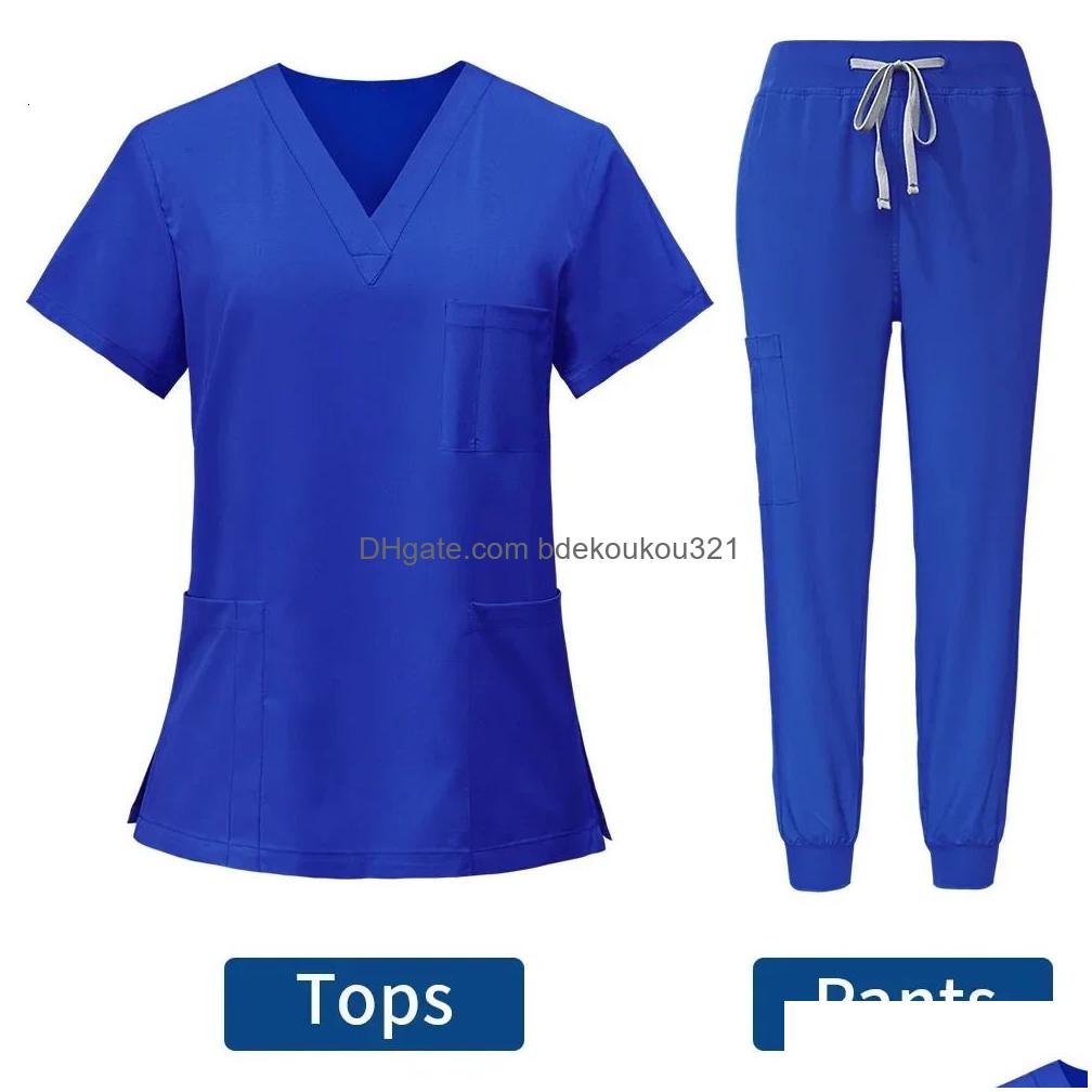 Women'S Two Piece Pants Anti Wrinkle Washable Soft Fabric Nurse Scrubs Hospital Uniform Women Jogger Sets Pair 240418 Drop Delivery A Dh90U
