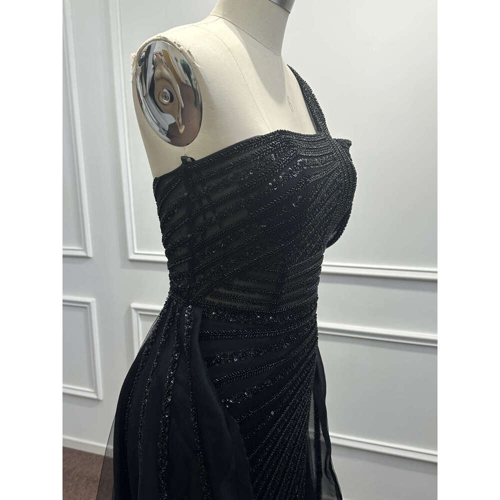 Mermaid Black Sequined Beading Evening Dresses One Shoulder High Split Arabic Formal Party Prom Gowns Vestidos De Fiesta