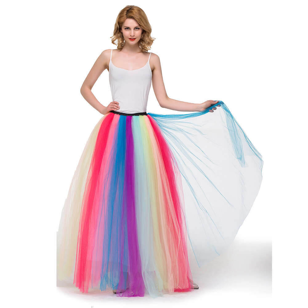 Popular Long Maxi Tutu Tulle Rainbow A Line Skirt For Women Elastic High Waist Party 6 Layers Prom Gown Colorful Beach Dress