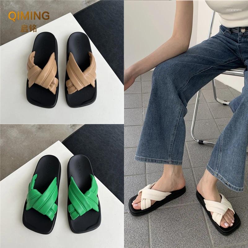 Slippers Ladies Home Women Slides Summer Cross Woven Sandals Square Head Fashion Outer Beach Shoes Woman Flip ps Indoor