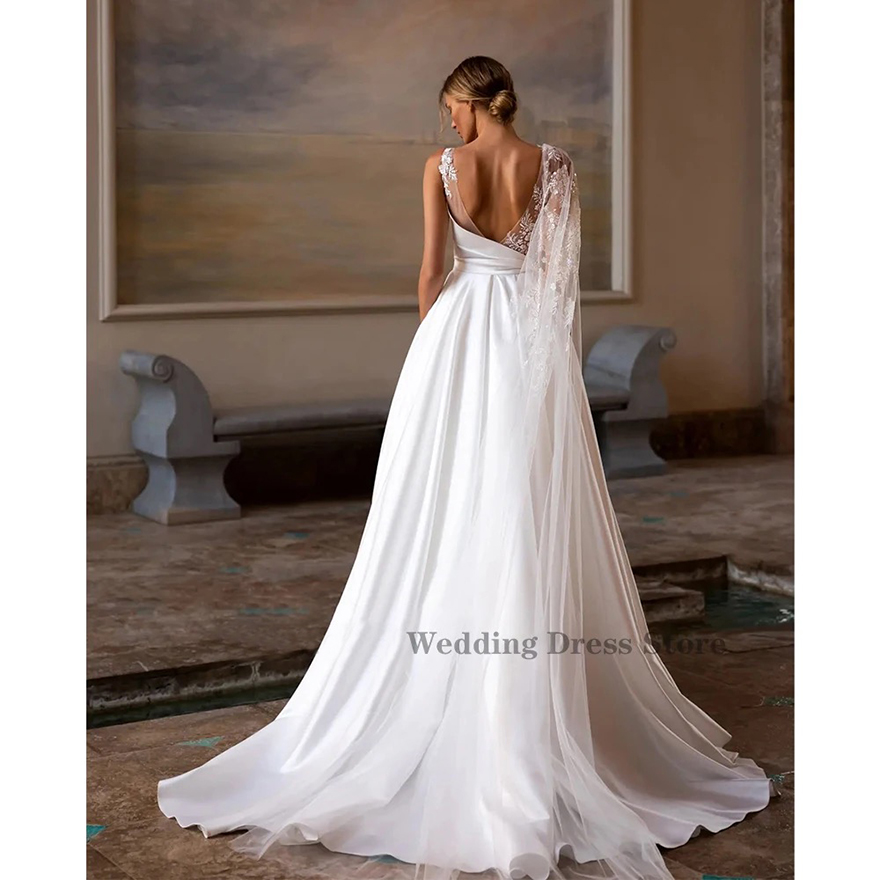 Sexy Boho Wedding Vintage Fashion Elegant Ladies A-e Lace Backless Bridal Dress with Applique Straps Silk Satin Robe De