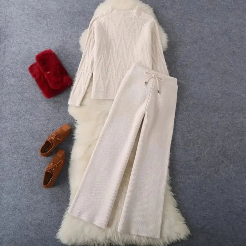 Fall Spring Knit 2 Piece Sets Half Turtleneck Sweater Tops Outfit Knitted Wide Leg Pants Trajes Knitwears Pullovers Tracksuits 240712