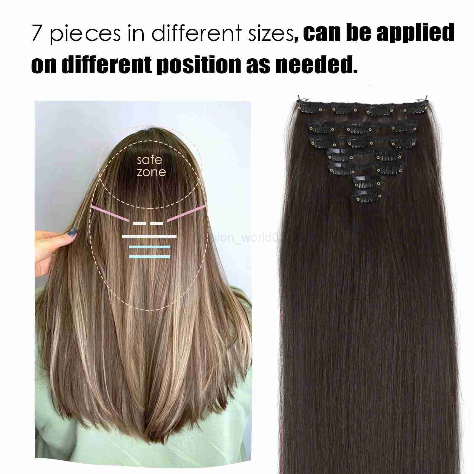 Synthetic long straight hair clip hair 7pcs/set dark brown hair suitable for womens natural fake hairX240719