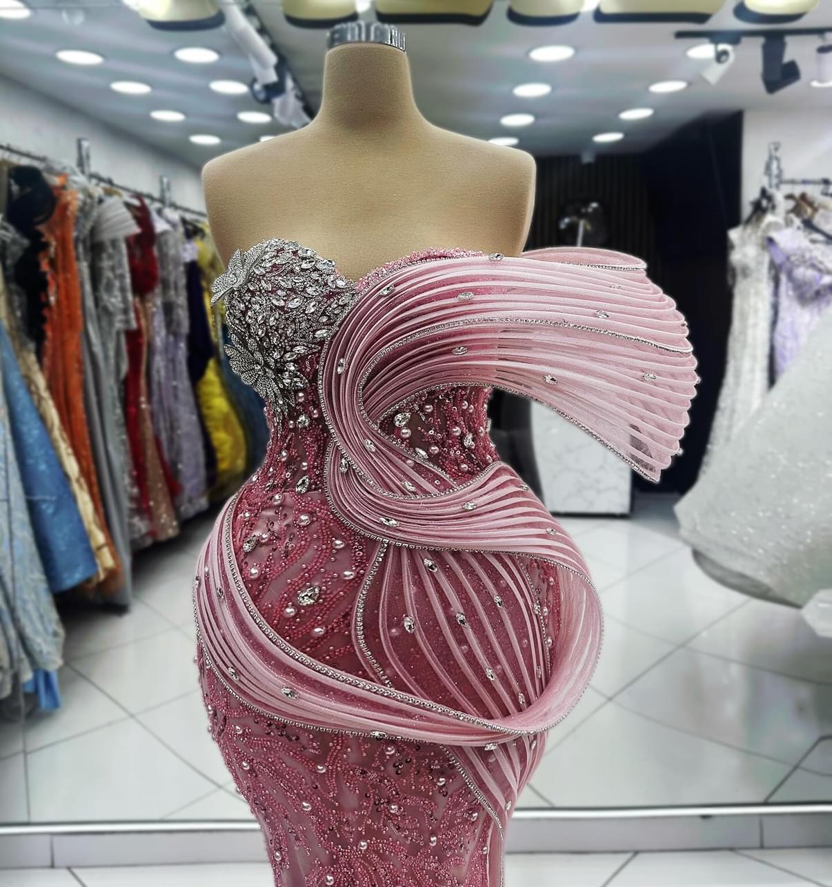 2024 Plus Size Blush Pink Mermaid Prom Dress Fulllace Promdress Crystals Evening Formal Party Second Reception Birthday Engagement Gowns Dresses Robe 