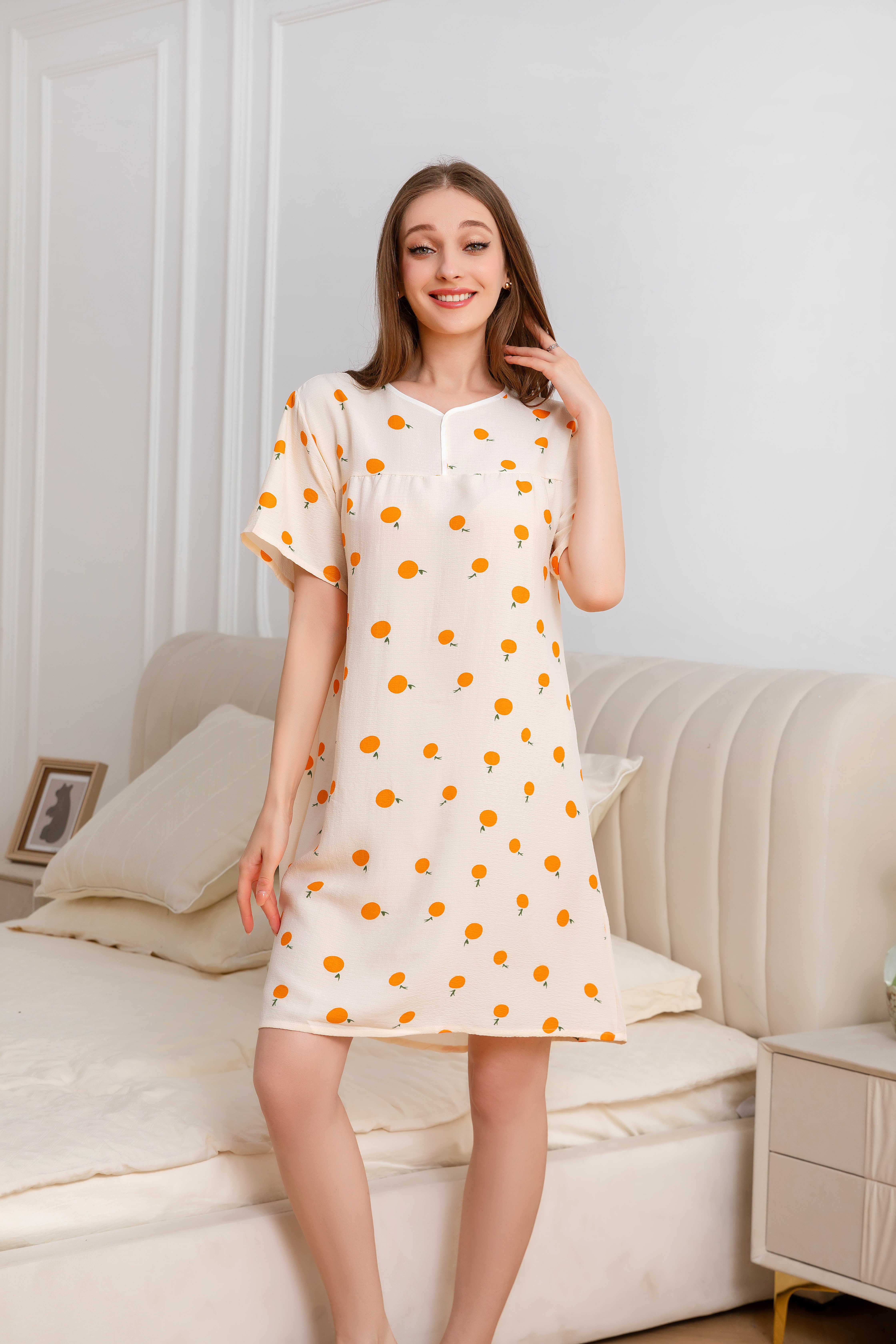 Women's home clothes, pullovers, orange patterned nightgowns, bubble cotton pajamas D12