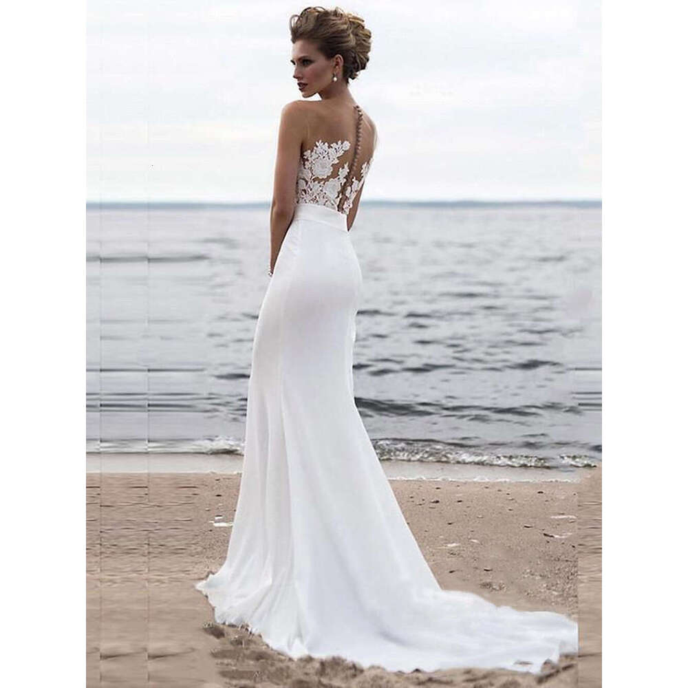 Mermaid Satin Appliques Wedding Dresses For Women Simple Lace Embroidery O Neck Illusion Sleeveless Bridal Gown Vestido De Novia