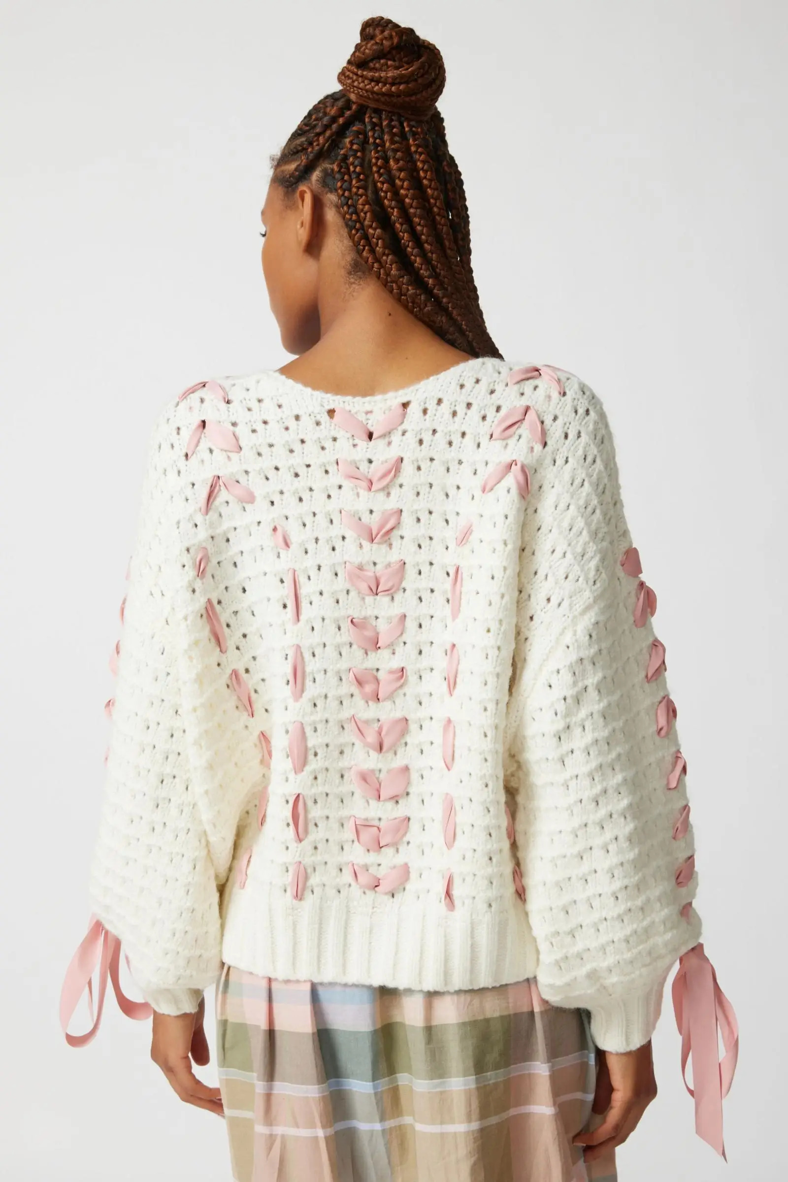 Womens Oversized Fit Crew Necklne Sweater Chunky Knit Pullover Sweater Contrasting Ribbons Bows Jumpers Aesthetic Streetwear 240715