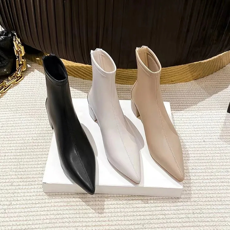 Pointed Toe Womens Ankle Boots Fashion Back Zippers Short Botas Ladies Elegant Square High Heel Winter Womens Footwear 240716