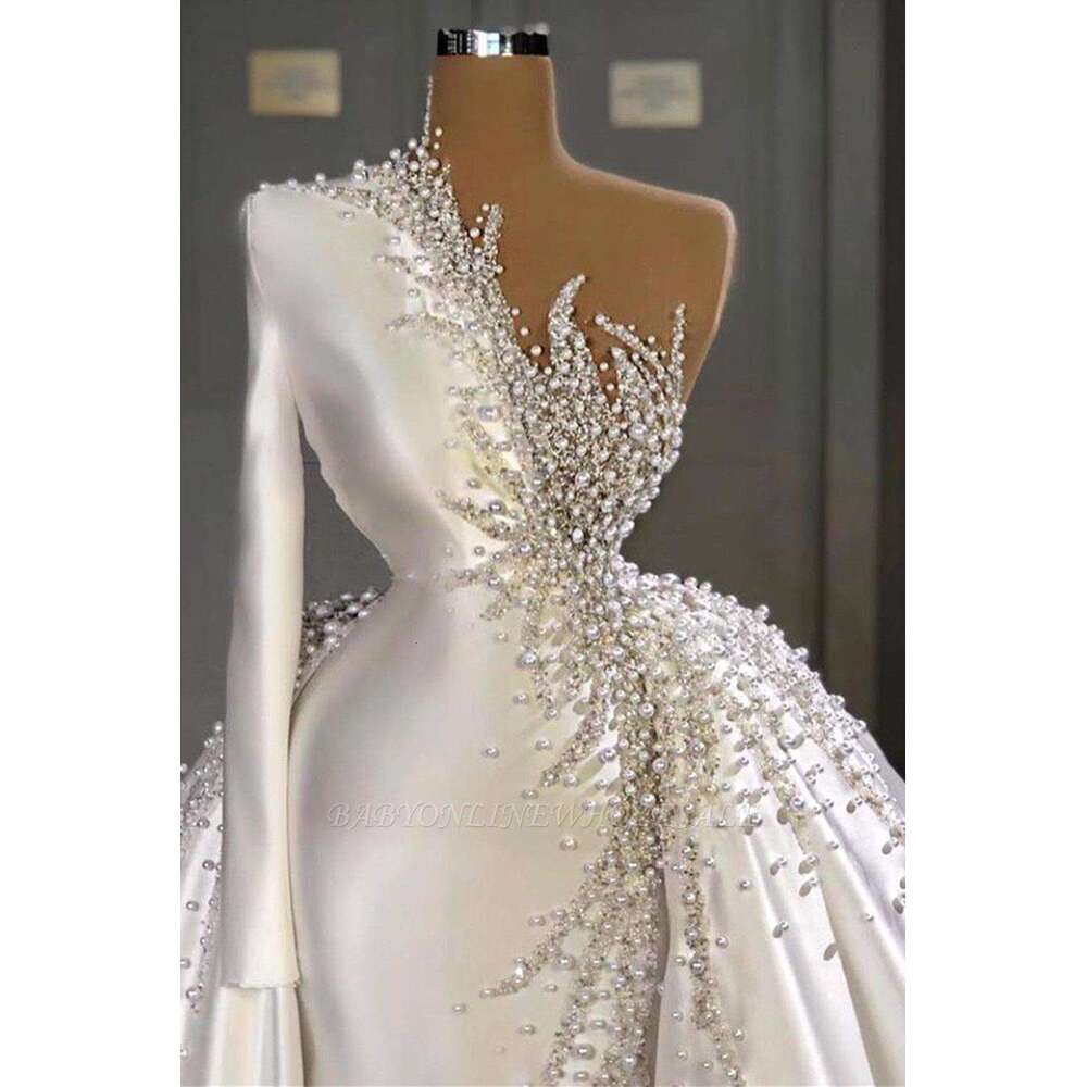 Pearls Crystal Wedding Dresses For Women One Shoulder Elegant Beaded Bridal Gown Formal Ocn Evening Vestido De Novia